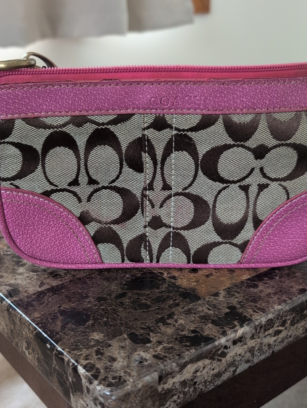 Coach Signature Canvas Wristlet with Pink Trim